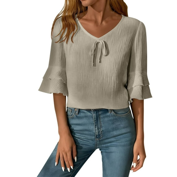 Olyvenn Linen Shirt for Women 3/4 Sleeve Casual Cotton Tops V Neck Ruffle Hem Eyelet Blouse 2026 Spring Fashion Boho Outfit Gray XXL