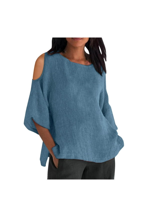 Linen Shirt for Women Cold Shoulder Crew Neck 3/4 Sleeve Tunic Blouses Casual Loose Fall T-Shirt Tops for Ladies Summer Navy M