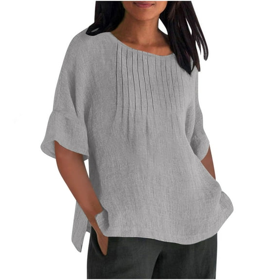 Olyvenn Linen Shirts for Women 2025 Basic Plus Size 3/4 Sleeve Tops Summer Casual Round Neck Pullover Blouse Ladies Tunic Tshirt Gray M