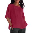thumbnail image 1 of Olyvenn Linen Shirts for Women 2025 Basic Plus Size 3/4 Sleeve Tops Summer Casual Round Neck Pullover Blouse Ladies Tunic Tshirt Wine XXXL, 1 of 4