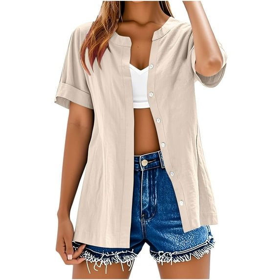 Olyvenn Linen Shirts for Women 2025 Gauze Short Sleeve V Neck Button Loose Fit Blouses Vacation Dress Casual Tunic Tops Beige XXL