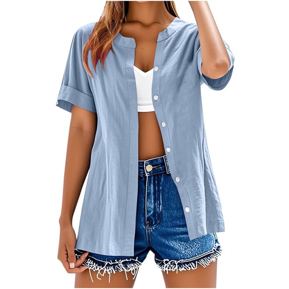 Olyvenn Linen Shirts for Women 2025 Gauze Short Sleeve V Neck Button Loose Fit Blouses Vacation Dress Casual Tunic Tops Light Blue S