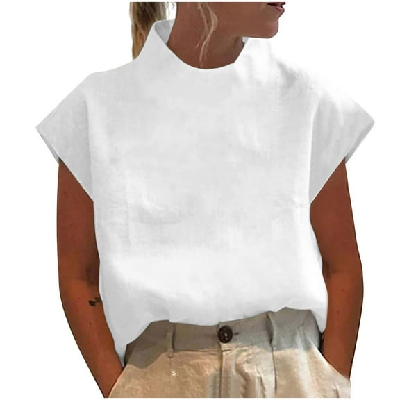 Olyvenn Linen Shirts for Women Casual Short Sleeve Solid Color Shirt Tops Summer 2025 Loose Fit High Neck Blouse White L