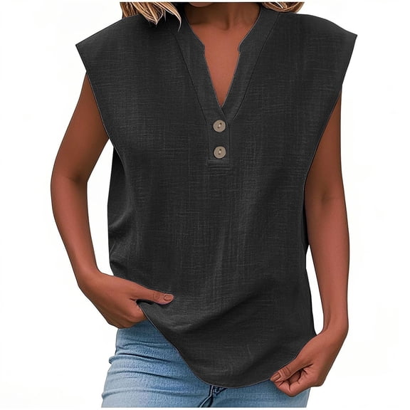 Olyvenn Linen Shirts for Women Cotton Button Up Shirt Short Sleeve Roll Up Loose Fit V-Neck Summer Casual Work Blouse Tops Black L