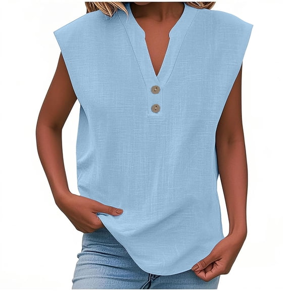 Olyvenn Linen Shirts for Women Cotton Button Up Shirt Short Sleeve Roll Up Loose Fit V-Neck Summer Casual Work Blouse Tops Blue M