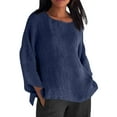 thumbnail image 1 of Olyvenn Linen Shirts for Women Long Sleeve Plus Size Tops Gauze Split Side Casual Dressy Blouses Crew Neck Loose Tunic Tops Dark Blue XXL, 1 of 6