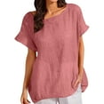 thumbnail image 1 of Olyvenn Linen Shirts for Women Plus Size Short Sleeve Casual Beach Top Crewneck Loose Fit Vintage Plain Summer Tshirt Blouses Pink XL, 1 of 1