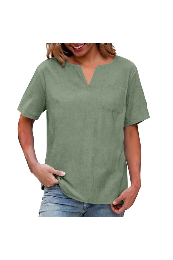 Linen Shirts for Women Short Sleeve V Neck Tshirts Casual Summer Blouses Beach Vacation Clothes Basic Solid Tees Green XXL