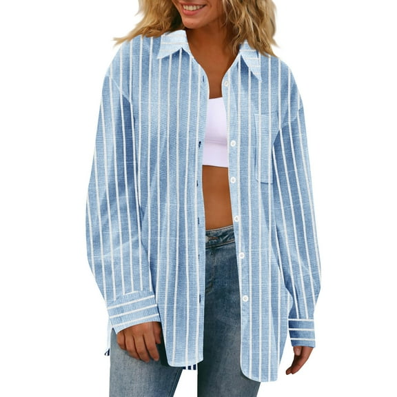 Olyvenn Linen Shirts for Women Striped Long Sleeve Shirt Casual Button Down Shirts Oversized Collared Shirt with Pockets Blue XL