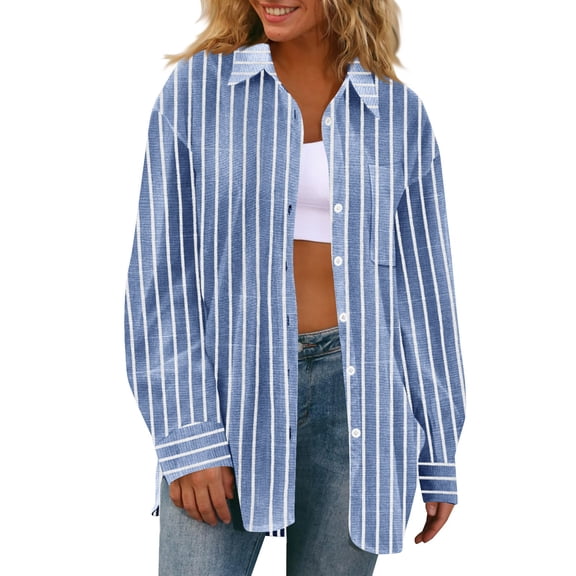 Olyvenn Linen Shirts for Women Striped Long Sleeve Shirt Casual Button Down Shirts Oversized Collared Shirt with Pockets Dark Blue S