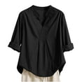thumbnail image 1 of Olyvenn Linen Shirts for Women Summer 2025 Womens Shirt Solid 3/4 Sleeve Tunic Tops Oversized Tshirts Casual V Neck Blouses Black S, 1 of 9