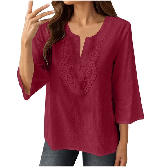 Olyvenn Linen Shirts for Women Summer 3/4 Sleeve V-Neck Lace Tunic Tops Casual Pullover Loose Blouse Trendy Dressy Shirts 2025 Red XXL