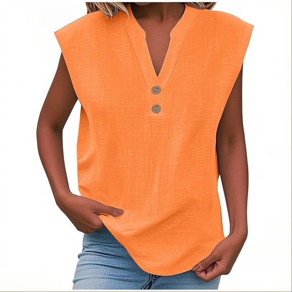 Olyvenn Linen Shirts for Women Summer Cotton Button Up Shirt Short Sleeve Roll up Loose Fit V Neck Casual Work Blouses Tops Orange XL