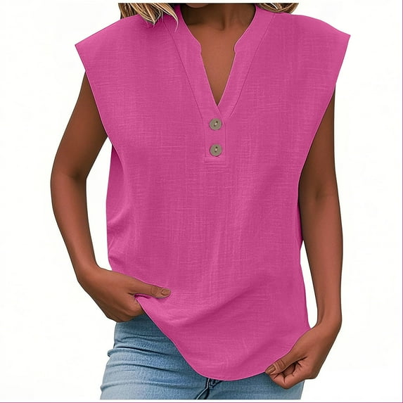 Olyvenn Linen Shirts for Women Summer Cotton Button Up Shirt Short Sleeve Roll up Loose Fit V Neck Casual Work Blouses Tops Pink XXL
