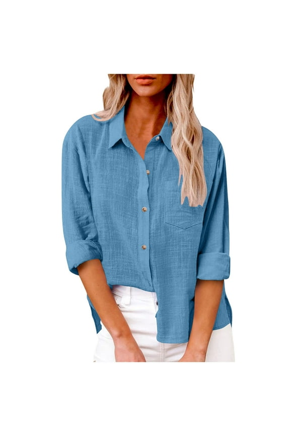Linen Shirts for Women Summer Long Sleeve Lapel Collared Button Down Shirt Lightweight Gauze Tops Loose Casual Blouses Clothes Blue L