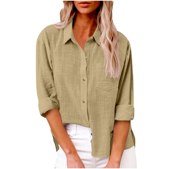 Olyvenn Linen Shirts for Women Summer Long Sleeve Lapel Collared Button Down Shirt Lightweight Gauze Tops Loose Casual Blouses Clothes Khaki XXL