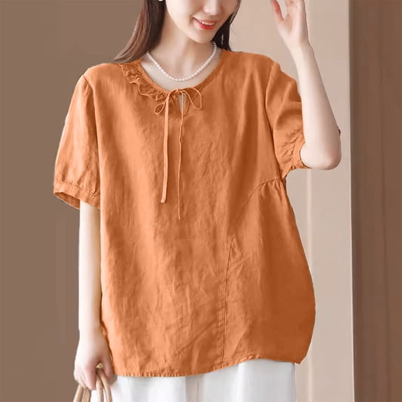 Olyvenn Linen Shirts for Women Summer Solid Color Cute Short Sleeve Crewneck Tops Casual Plus Size Loose Cotton Linen Blouses Orange XXXL