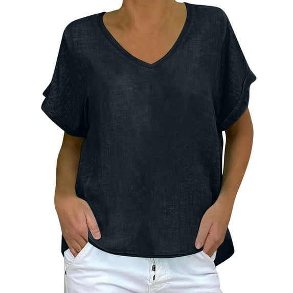 Olyvenn Linen Shirts for Women Summer Vintage Plain T Shirt Beach Vacation Boho Tops Trendy Vneck Tees Casual Loose Fit Tshirt Black S