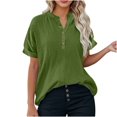 thumbnail image 1 of Olyvenn Linen Shirts for Women Trendy 2025 Plus Size Short Sleeve Button V Neck Summer Tops Casual Oversized Tshirt Blouses Army Green XXXL, 1 of 5