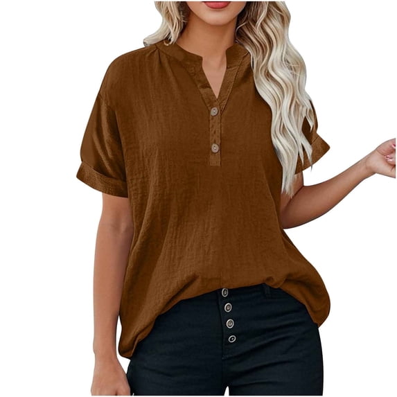 Olyvenn Linen Shirts for Women Trendy 2025 Plus Size Short Sleeve Button V Neck Summer Tops Casual Oversized Tshirt Blouses Coffee L