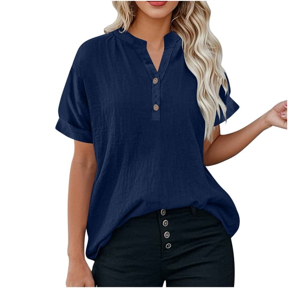 Olyvenn Linen Shirts for Women Trendy 2025 Plus Size Short Sleeve Button V Neck Summer Tops Casual Oversized Tshirt Blouses Navy XL