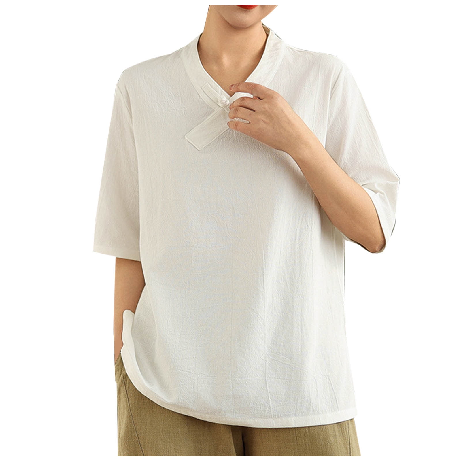 Olyvenn Linen Shirts for Women Trendy V Neck Half Sleeve Tunic Blouses ...
