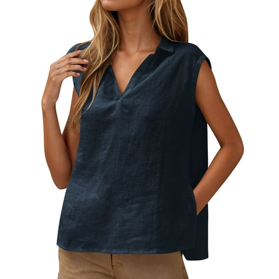 Olyvenn Linen Tank Tops for Women 2025 Cotton Sleeveless Lapel V Neck Tanks Top Side Slit Casual Loose Fit Basic Summer Tees Shirts Dark Blue M