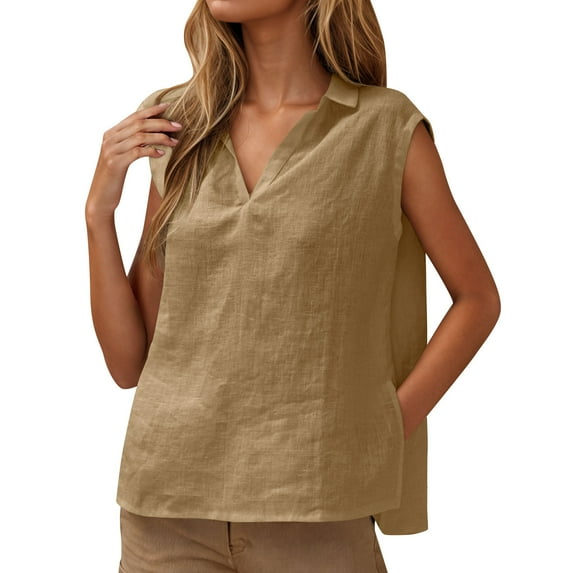 Olyvenn Linen Tank Tops for Women 2025 Cotton Sleeveless Lapel V Neck Tanks Top Side Slit Casual Loose Fit Basic Summer Tees Shirts Khaki S