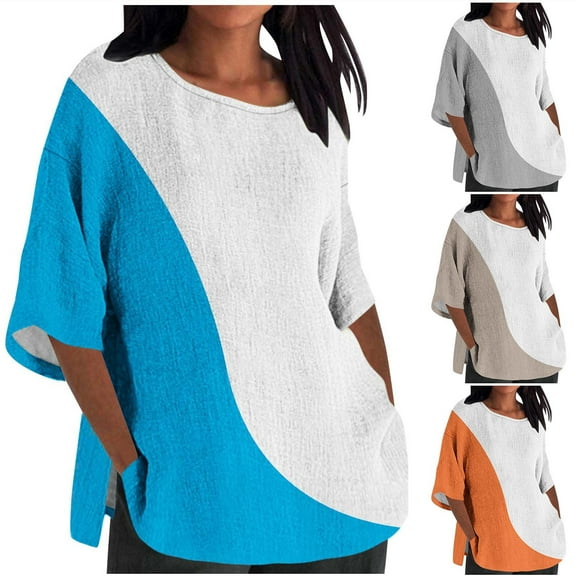 Olyvenn Linen Tops for Women 2025 Oversized Summer Shirt 3/4 Length Sleeve Tshirt Loose Casual Print Tee Trendy Ladies Blouse Gray 8