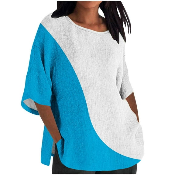 Olyvenn Linen Tops for Women 2025 Oversized Summer Shirt 3/4 Length Sleeve Tshirt Loose Casual Print Tee Trendy Ladies Blouse Light Blue 4