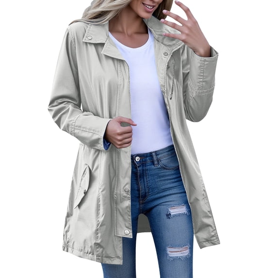 Olyvenn Long Rain Coat for Women Waterproof with Hood Solid Lining Rain Jacket Lightweight Hooded Windbreaker Trench Coat Gray L