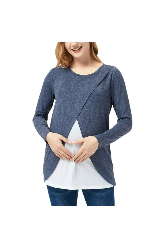 Long Sleeve Color Block Maternity Top for Women, Casual Crewneck Nursing Shirts Soft Pregnant Tee for Breastfeeding Blue 4