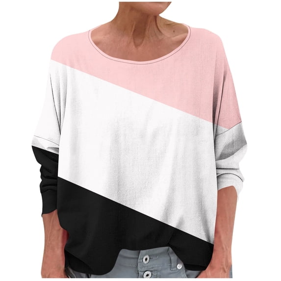 Olyvenn Long Sleeve Cotton Linen Shirts for Women Color Block Drop Shoulder Tops Round Neck Summer Blouses Dressy Casual Comfy Tees Black L