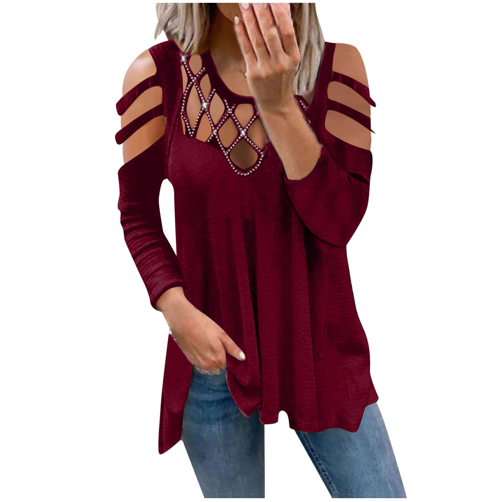 Olyvenn Long Sleeve Cutout Shoulder Shirts Hollowed Out Crew Neck