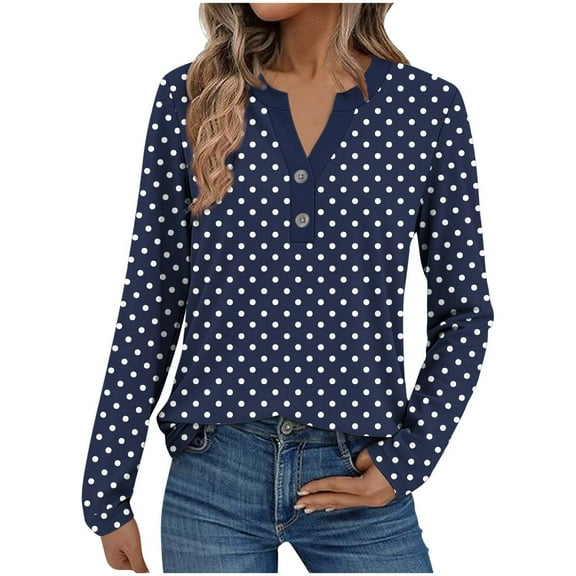 Olyvenn Long Sleeve Fall Fashion Blouses and Tops for Women Dressy Casual Cute Polka Dot Print V Neck T-Shirts Office Wear Blue S