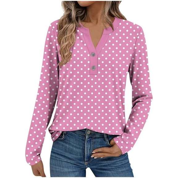 Olyvenn Long Sleeve Fall Fashion Blouses and Tops for Women Dressy Casual Cute Polka Dot Print V Neck T-Shirts Office Wear Pink S