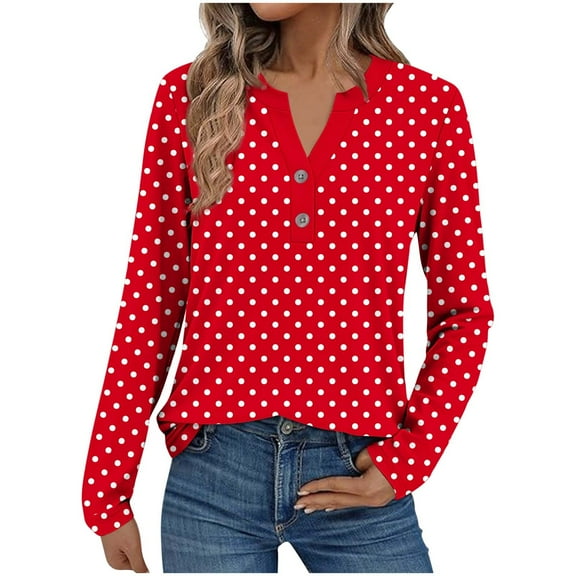 Olyvenn Long Sleeve Fall Fashion Blouses and Tops for Women Dressy Casual Cute Polka Dot Print V Neck T-Shirts Office Wear Red S