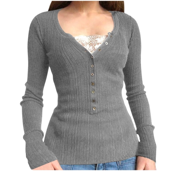 Olyvenn Long Sleeve Grunge Tees Shirts for Women Lace Patchwork Gothic Y2K Tops Fairycore Vintage Slim Fit Girl T Shirts Gray S