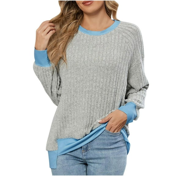 Olyvenn Long Sleeve Shirts for Women Tunic Tops Loose Fit Cute Casual Color Block Ribbed Knit Tops Lightweight Sweaters Gray XXL