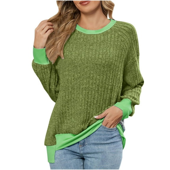 Olyvenn Long Sleeve Shirts for Women Tunic Tops Loose Fit Cute Casual Color Block Ribbed Knit Tops Lightweight Sweaters Green XXL