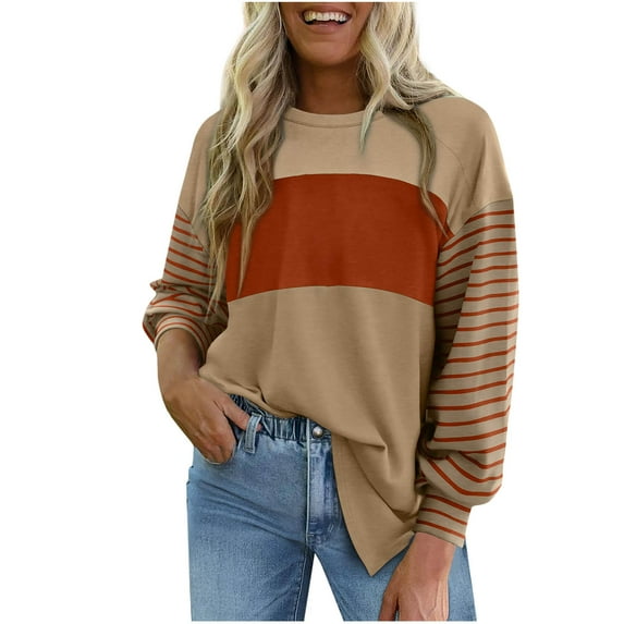 Olyvenn Long Sleeve Spring Tops Oversized 2025 Trendy Round Crew Neck Casual Color Block Womens Shirts Blouses Brown 4-6
