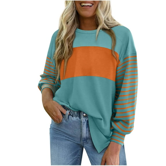 Olyvenn Long Sleeve Spring Tops Oversized 2025 Trendy Round Crew Neck Casual Color Block Womens Shirts Blouses Green 8-10