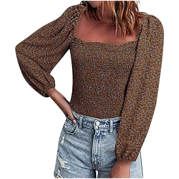 Olyvenn Long Sleeve T-Shirt Blouse Tops Women's Plus Size Loose Female Casual Outwear Women Fashion Square Collar Bell Sleeve Printing Elasticity for 2022 Women Tops Coffee S