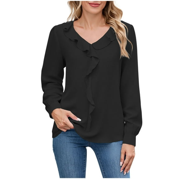 Olyvenn Long Sleeves Tops for Women Dressy Ruffle V-Neck Solid Color Tee Shirts Loose Lightweight Fall Casual Tunic Blouses Black S