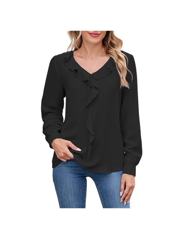 Long Sleeves Tops for Women Dressy Ruffle V-Neck Solid Color Tee Shirts Loose Lightweight Fall Casual Tunic Blouses Black XL