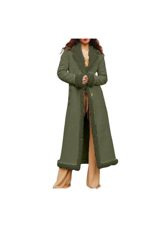 Long Winter Coats for Women Faux Suede Leather Shearing Jacket Fuzzy Sherpa Lined Trench Coat Business Casual Overcoat Army Green M