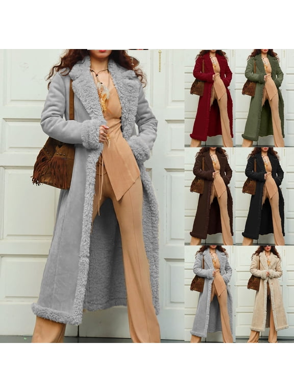 Long Winter Coats for Women Faux Suede Leather Shearing Jacket Fuzzy Sherpa Lined Trench Coat Business Casual Overcoat Beige XXL