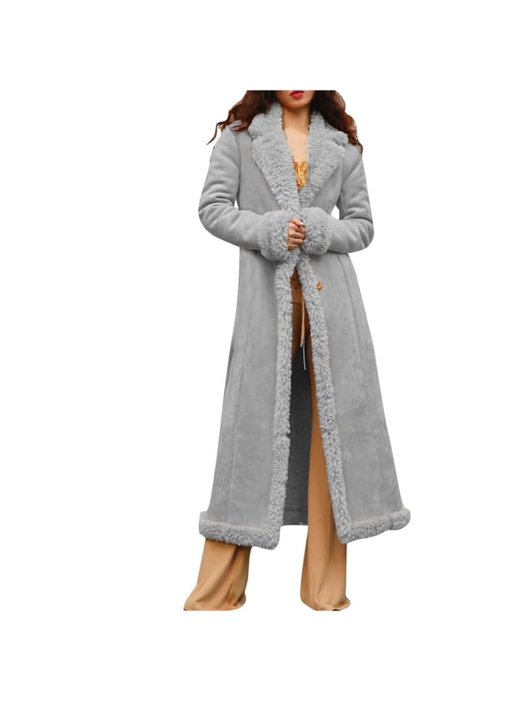 Long Winter Coats for Women Faux Suede Leather Shearing Jacket Fuzzy Sherpa Lined Trench Coat Business Casual Overcoat Gray M