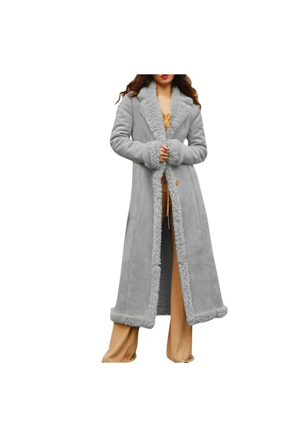 Long Winter Coats for Women Faux Suede Leather Shearing Jacket Fuzzy Sherpa Lined Trench Coat Business Casual Overcoat Gray XXXL