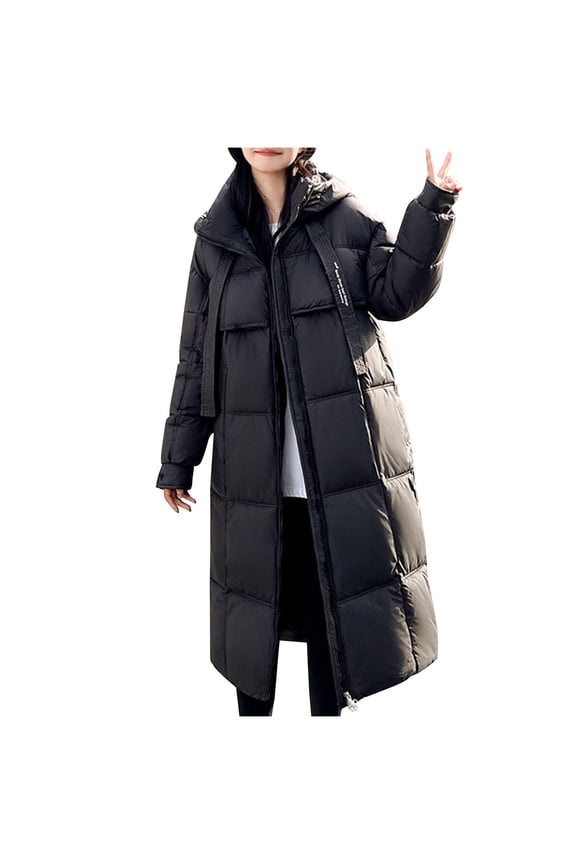 Long Winter Windproof Down Coats for Women Heavyweight Padded Puffer Jackets Casual Trench Quilted Coats with Hood Black XL